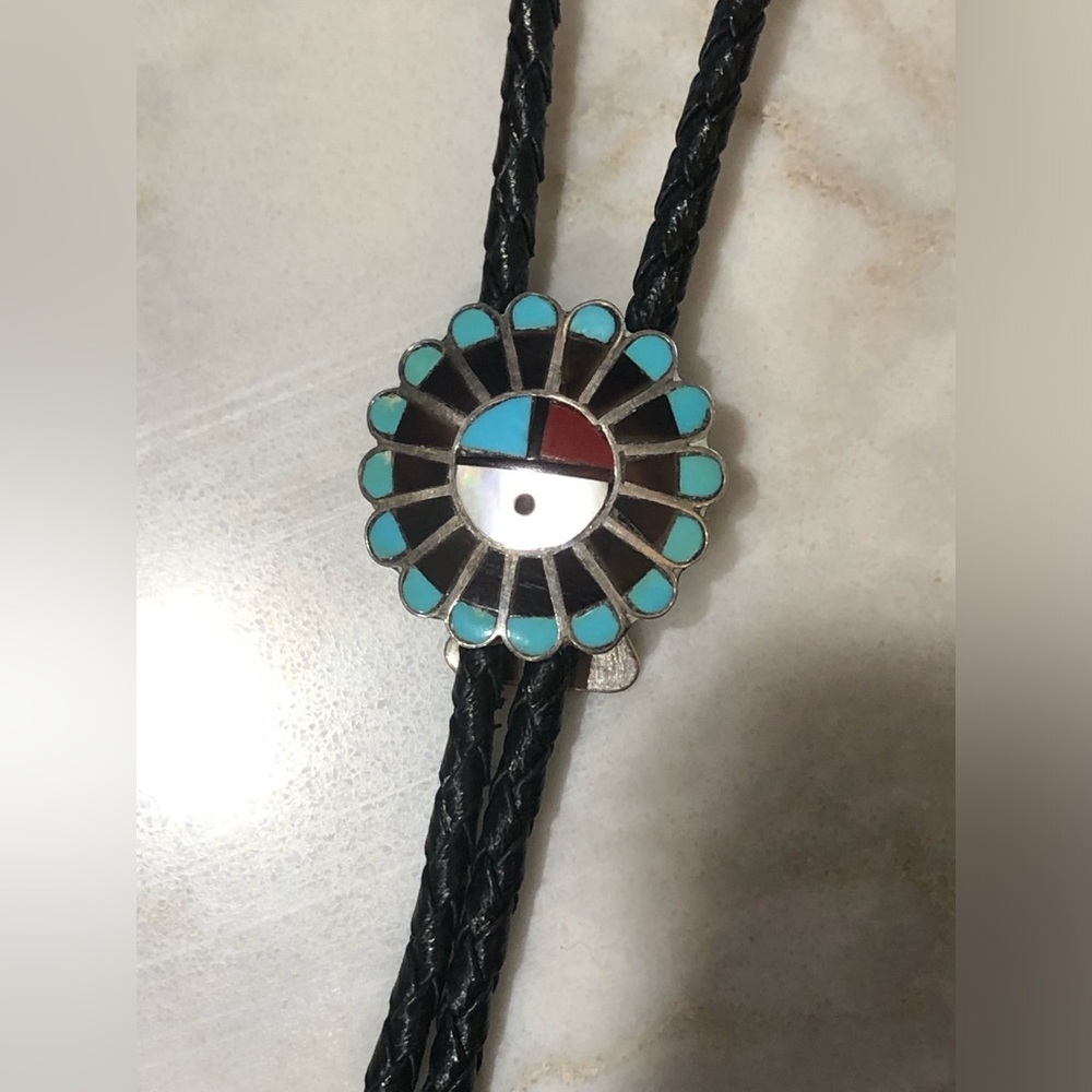 Vintage Zuni Style Sunface Bolo Tie Sterling Silver Mother Pearl Red Turquoise - Picture 5 of 10